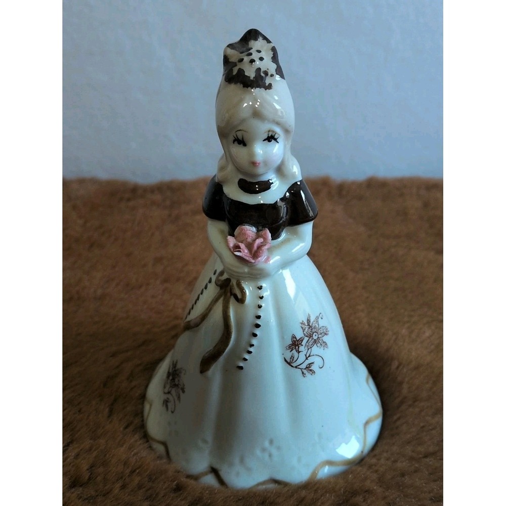 Vintage Brinn's Porcelain Victorian Girl Bell with Pink Rose 5.5" Made in Taiwan